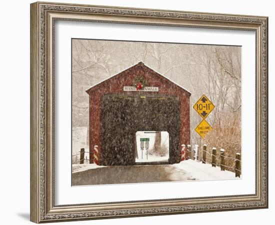 Snow Falling on the West Cornwall Covered Bridge over the Housatonic River, Connecticut, Usa-Jerry & Marcy Monkman-Framed Photographic Print