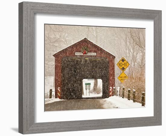 Snow Falling on the West Cornwall Covered Bridge over the Housatonic River, Connecticut, Usa-Jerry & Marcy Monkman-Framed Photographic Print