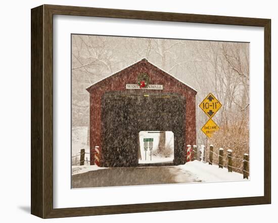 Snow Falling on the West Cornwall Covered Bridge over the Housatonic River, Connecticut, Usa-Jerry & Marcy Monkman-Framed Photographic Print