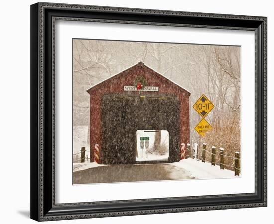 Snow Falling on the West Cornwall Covered Bridge over the Housatonic River, Connecticut, Usa-Jerry & Marcy Monkman-Framed Photographic Print