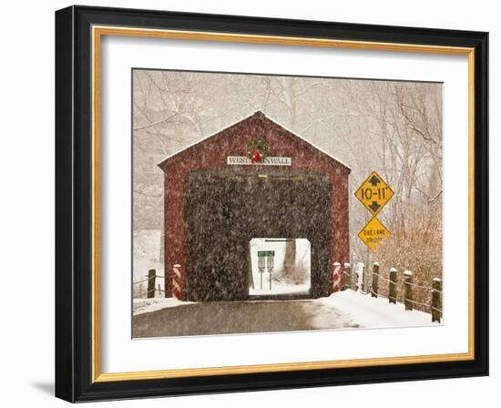 Snow Falling on the West Cornwall Covered Bridge over the Housatonic River, Connecticut, Usa-Jerry & Marcy Monkman-Framed Photographic Print