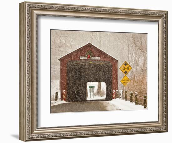 Snow Falling on the West Cornwall Covered Bridge over the Housatonic River, Connecticut, Usa-Jerry & Marcy Monkman-Framed Photographic Print