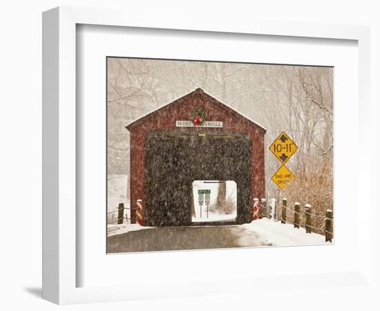 Snow Falling on the West Cornwall Covered Bridge over the Housatonic River, Connecticut, Usa-Jerry & Marcy Monkman-Framed Photographic Print