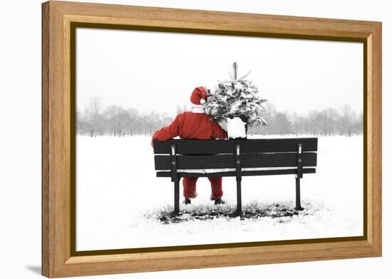 Snow Father Christmas Sitting on Park Bench-null-Framed Premier Image Canvas