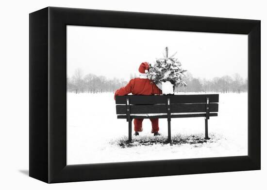 Snow Father Christmas Sitting on Park Bench-null-Framed Premier Image Canvas