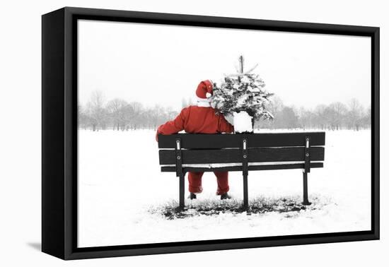 Snow Father Christmas Sitting on Park Bench-null-Framed Premier Image Canvas