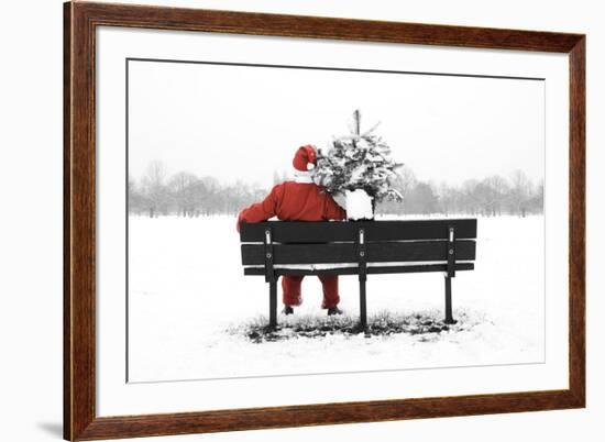 Snow Father Christmas Sitting on Park Bench-null-Framed Photographic Print