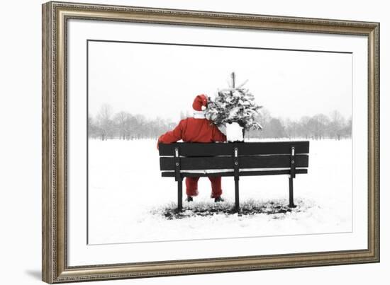 Snow Father Christmas Sitting on Park Bench-null-Framed Photographic Print