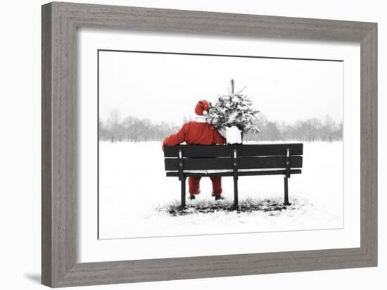 Snow Father Christmas Sitting on Park Bench-null-Framed Photographic Print