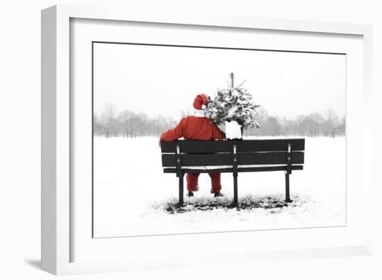Snow Father Christmas Sitting on Park Bench-null-Framed Photographic Print