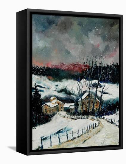Snow in Sechery Village Ardennes-Pol Ledent-Framed Stretched Canvas