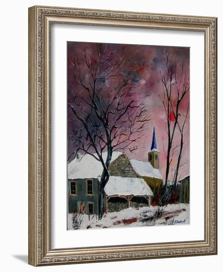 snow in sevry village ardennes-Pol Ledent-Framed Art Print