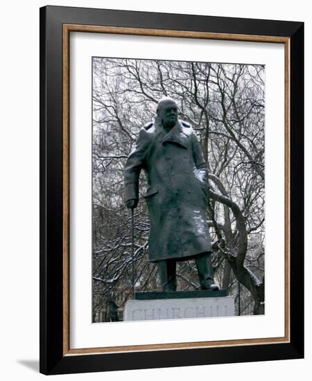 Snow is Seen on a Statue of the Late British Prime Minister Sir Winston Churchill-Matt Dunham-Framed Photographic Print