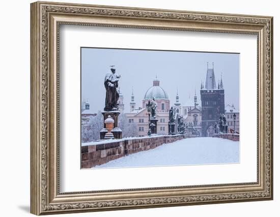 Snow Morning at Charles Bridge in Winter, Prague, Czech Republic-Nataliya Hora-Framed Photographic Print