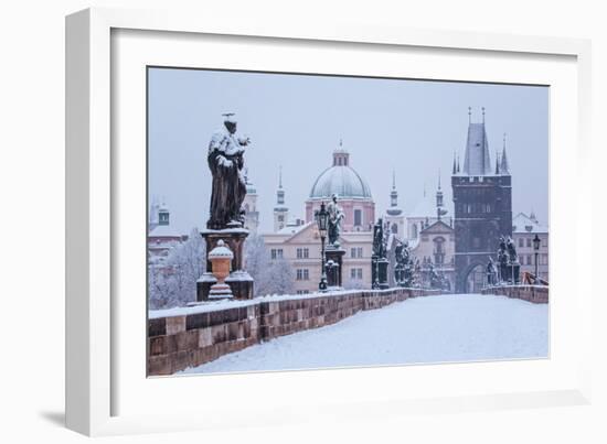 Snow Morning at Charles Bridge in Winter, Prague, Czech Republic-Nataliya Hora-Framed Photographic Print