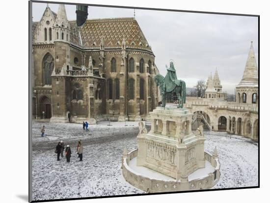 Snow on St. Stephen's Statue, Castle Hill Area, Budapest, Hungary-Christian Kober-Mounted Photographic Print