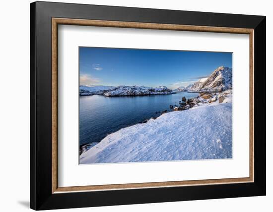 Snow over shore and mountains in winter, Lofoten Islands-Christophe Courteau-Framed Photographic Print