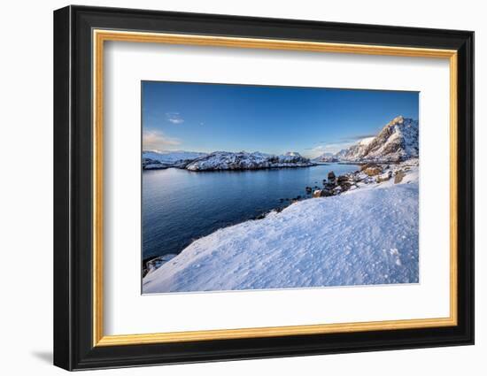 Snow over shore and mountains in winter, Lofoten Islands-Christophe Courteau-Framed Photographic Print