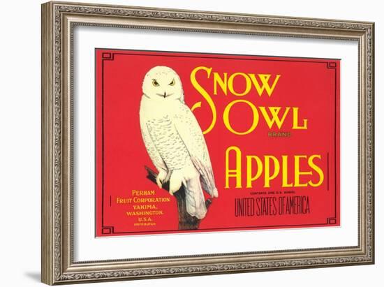 Snow Owl Apple Label-null-Framed Art Print