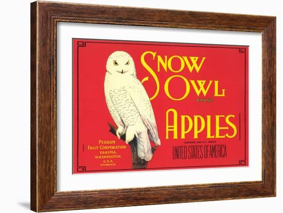 Snow Owl Apple Label-null-Framed Art Print