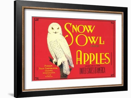 Snow Owl Apple Label-null-Framed Art Print