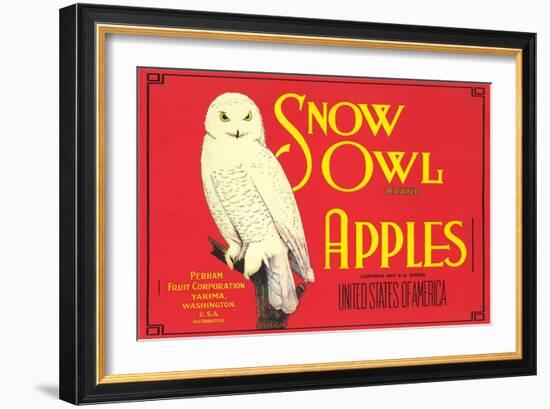 Snow Owl Apple Label-null-Framed Art Print