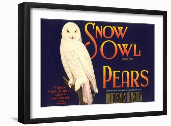 Snow Owl Pear Label-null-Framed Art Print