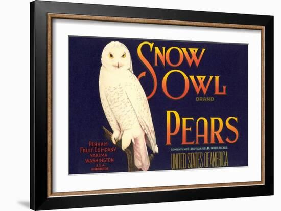 Snow Owl Pear Label-null-Framed Art Print