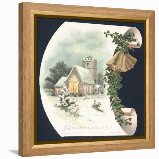 Snow Scene and Church, Christmas Card-null-Framed Premier Image Canvas