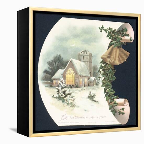Snow Scene and Church, Christmas Card-null-Framed Premier Image Canvas