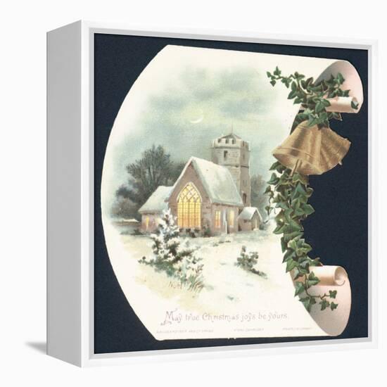 Snow Scene and Church, Christmas Card-null-Framed Premier Image Canvas