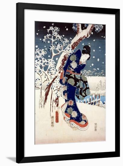 Snow Scene in the Garden of a Daimyo, Part of Triptych-Ando Hiroshige-Framed Giclee Print