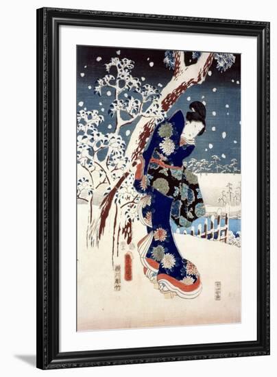 Snow Scene in the Garden of a Daimyo, Part of Triptych-Ando Hiroshige-Framed Giclee Print