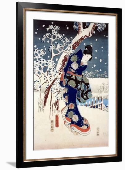 Snow Scene in the Garden of a Daimyo, Part of Triptych-Ando Hiroshige-Framed Giclee Print