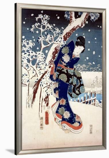 Snow Scene in the Garden of a Daimyo, Part of Triptych-Ando Hiroshige-Framed Giclee Print