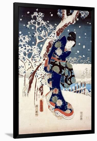 Snow Scene in the Garden of a Daimyo, Part of Triptych-Ando Hiroshige-Framed Giclee Print