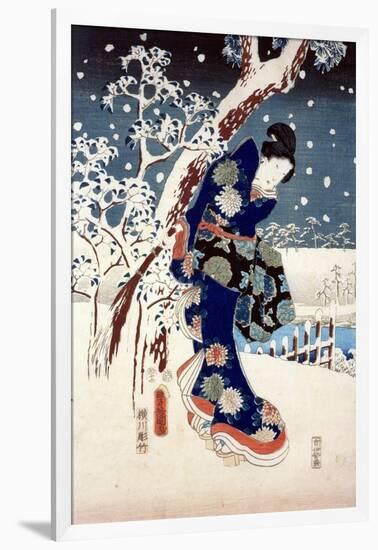 Snow Scene in the Garden of a Daimyo, Part of Triptych-Ando Hiroshige-Framed Giclee Print