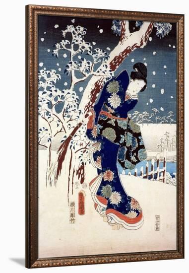 Snow Scene in the Garden of a Daimyo, Part of Triptych-Ando Hiroshige-Framed Giclee Print