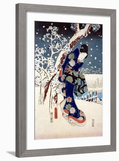 Snow Scene in the Garden of a Daimyo, Part of Triptych-Ando Hiroshige-Framed Premium Giclee Print