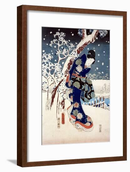 Snow Scene in the Garden of a Daimyo, Part of Triptych-Ando Hiroshige-Framed Premium Giclee Print