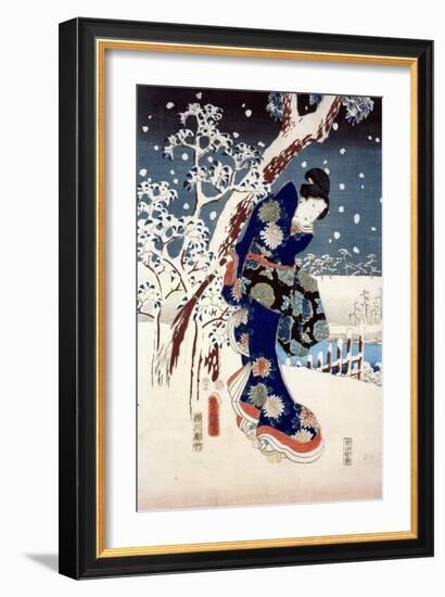 Snow Scene in the Garden of a Daimyo, Part of Triptych-Ando Hiroshige-Framed Premium Giclee Print