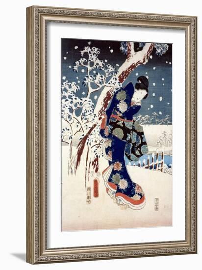 Snow Scene in the Garden of a Daimyo, Part of Triptych-Ando Hiroshige-Framed Giclee Print