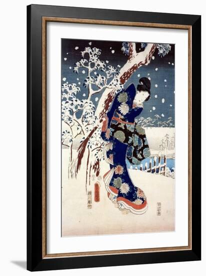 Snow Scene in the Garden of a Daimyo, Part of Triptych-Ando Hiroshige-Framed Giclee Print