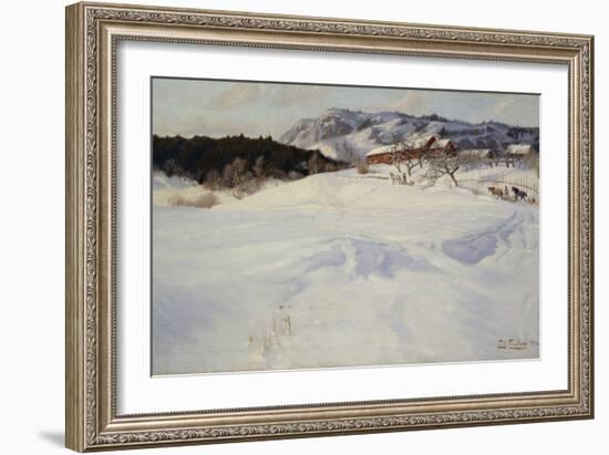 Snow scene with sledge, Fleksum, 1892 oil on board-Fritz Thaulow-Framed Giclee Print