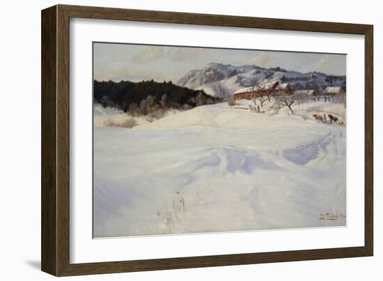 Snow scene with sledge, Fleksum, 1892 oil on board-Fritz Thaulow-Framed Giclee Print