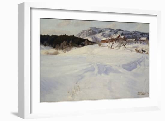 Snow scene with sledge, Fleksum, 1892 oil on board-Fritz Thaulow-Framed Giclee Print