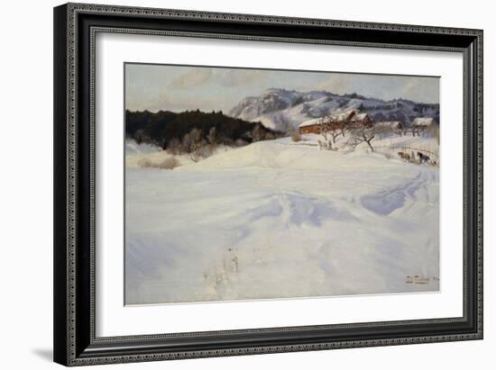 Snow scene with sledge, Fleksum, 1892 oil on board-Fritz Thaulow-Framed Giclee Print