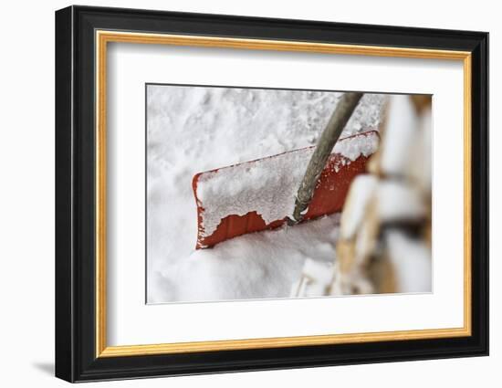 Snow shovel, snow, wood pile, detail, medium close-up, blur-Martin Ley-Framed Photographic Print