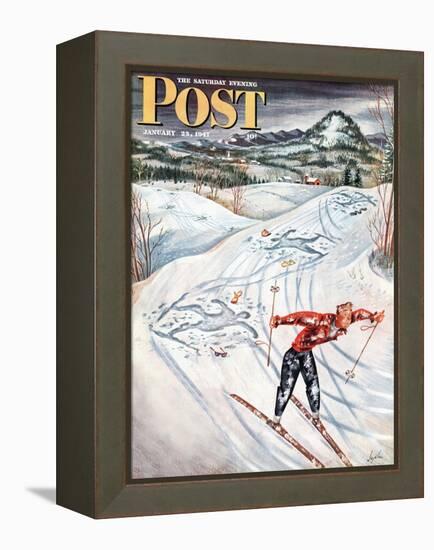 "Snow Skiier After the Falls," Saturday Evening Post Cover, January 25, 1947-Constantin Alajalov-Framed Premier Image Canvas