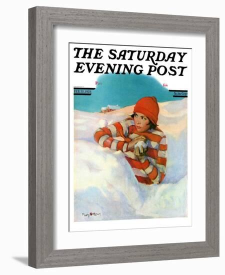 "Snowball Fight," Saturday Evening Post Cover, February 18, 1928-Penrhyn Stanlaws-Framed Giclee Print